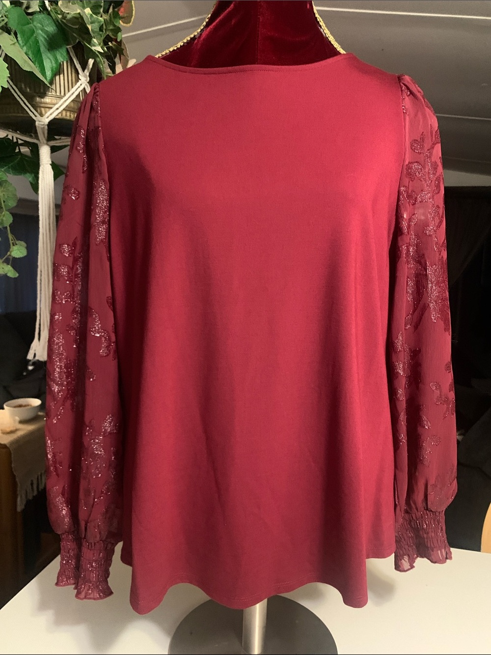 Chico's Wine Red Long-Sleeve Embellished Sheer Sleeve Top